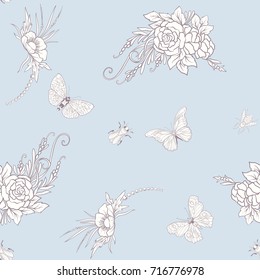 Floral seamless pattern with butterflies 