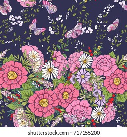 Floral seamless pattern with butterflies