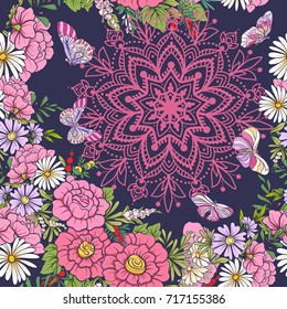 Floral seamless pattern with butterflies