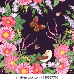 Floral seamless pattern with butterflies