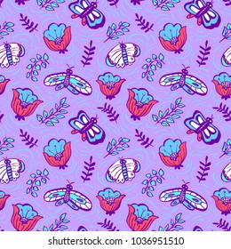 Floral seamless pattern with butterflies. Background with artistic hand drawn insects and flowers in doodle style. Vector illustration for wrapping, textile and surface design