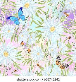 Floral seamless pattern with butterflies and bees