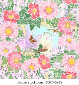 Floral seamless pattern with butterflies and bees