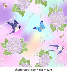 Floral seamless pattern with butterflies and bees
