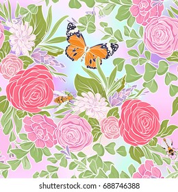 Floral seamless pattern with butterflies and bees