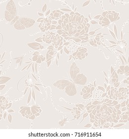 Floral seamless pattern with butterflies and bees 