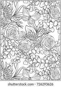 Floral seamless pattern with butterflies and bees  in realistic botanical style. Print