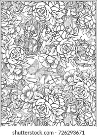 Floral seamless pattern with butterflies and bees  in realistic botanical style. Print