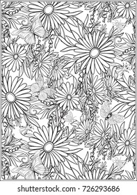Floral seamless pattern with butterflies and bees  in realistic botanical style. Print