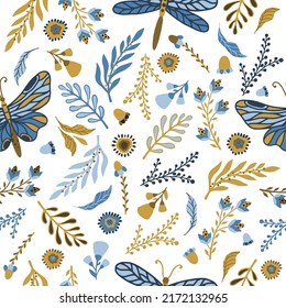 Floral seamless pattern with butterflies and different flowers