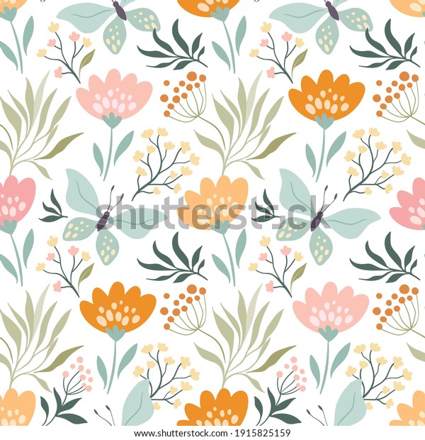 Floral seamless pattern with butterflies and different flowers 