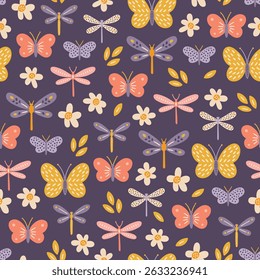 Padrão floral sem emenda com borboletas, libélulas, flores sobre fundo violeta. Perfeito para papel de parede, papel de presente, cartões de saudação de primavera e verão. Ilustração desenhada à mão vetorial