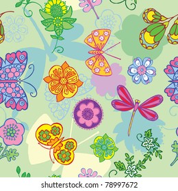 floral seamless pattern with butterflies and dragonflies