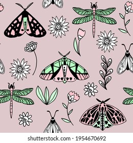 Floral seamless pattern with butterflies, dragonfly, flowers, vector illustration in boho style. Texture with insects and wildflowers on a pink background for print on fabric, textile, wallpaper.