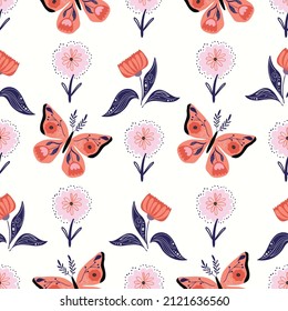 Floral seamless pattern with butterflies and flowers, folk style, decorative wallpaper