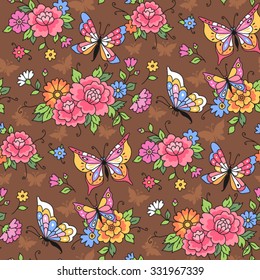 Floral seamless pattern. Butterflies fly among the flowers on brown background
