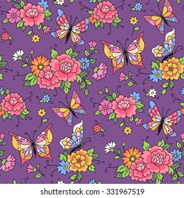 Floral seamless pattern. Butterflies fly among the flowers on violet background