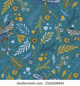 Floral seamless pattern with butterflies, hand drawn elements, vector design
