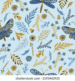 Nahtlose Blumenmuster mit Schmetterlingen, handgezeichnete Elemente, Vektordesign