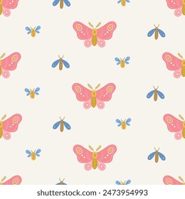 Floral seamless pattern with butterflies and moths on white background. Perfect for summer greetings, wallpaper, wrapping paper, fabric. Vector illustration