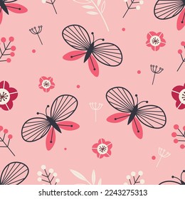 Floral seamless pattern with butterflies on a pink background.