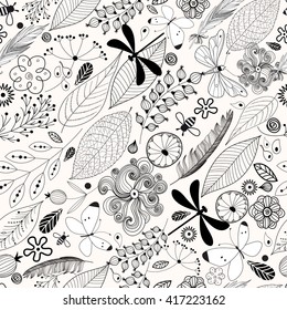 Floral seamless pattern with butterflies on a light background
