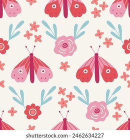 Floral seamless pattern with butterflies, roses, branches, blooming flowers on white background. Perfect for summer greetings, wallpaper, wrapping paper, fabric. Vector illustration