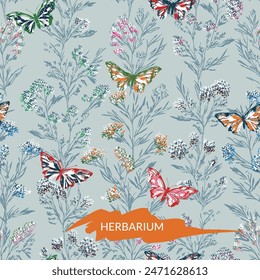 Floral seamless pattern with butterflies. Summer garden. Vector texture.