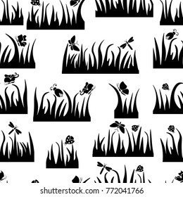 Floral seamless pattern, butterfly, beetle, dragonfly in the grass, insects