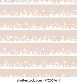 Floral seamless pattern, butterfly, beetle, dragonfly in the grass, insects