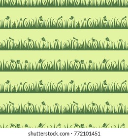 Floral seamless pattern, butterfly, beetle, dragonfly in the grass, insects