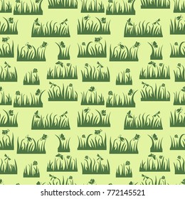 Floral seamless pattern, butterfly, beetle, dragonfly in the grass, insects