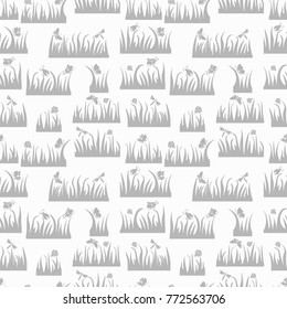 Floral seamless pattern, butterfly, beetle, dragonfly in the grass, insects