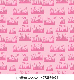 Floral seamless pattern, butterfly, beetle, dragonfly in the grass, insects