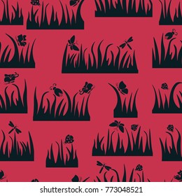 Floral seamless pattern, butterfly, beetle, dragonfly in the grass, insects