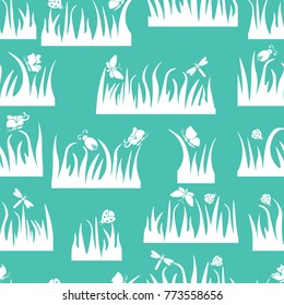 Floral seamless pattern, butterfly, beetle, dragonfly in the grass, insects
