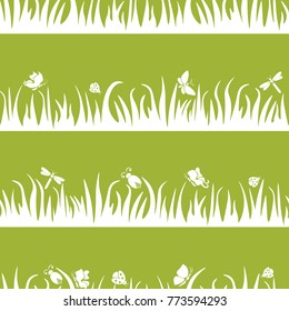 Floral seamless pattern, butterfly, beetle, dragonfly in the grass, insects
