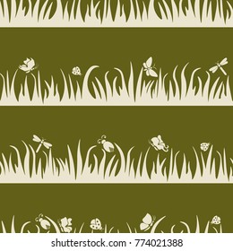 Floral seamless pattern, butterfly, beetle, dragonfly in the grass, insects