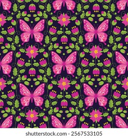 Floral seamless pattern with butterfly and flowers composition. Colorful ornament with cute insect surrounded by buds and leaves. Spring summer print on fabric and paper. Vector seasonal illustration.