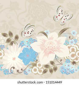 Floral seamless pattern with butterfly. Vector border.