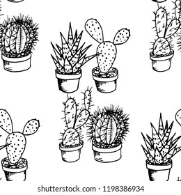 floral seamless pattern cactus in a flower pot