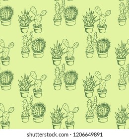 floral seamless pattern cactus in a flower pot