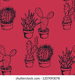 floral seamless pattern cactus in a flower pot