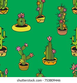 Floral seamless pattern with cactuses on green background. Design element for background, textile, paper packaging, wrapping paper, fabric and other. Vector illustration.