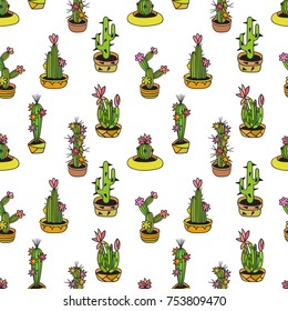 Floral seamless pattern with cactuses on white background. Design element for background, textile, paper packaging, wrapping paper, fabric and other. Vector illustration.