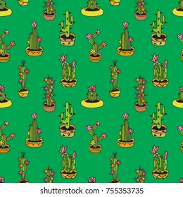 Floral seamless pattern with cactuses on green background. Design element for background, textile, paper packaging, wrapping paper, fabric and other. Vector illustration.