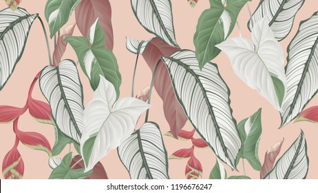 Floral seamless pattern, Calathea ornata, Syngonium podophyllum albo-variegatum and Heliconia rostrata flowers on light orange background, pastel vintage theme