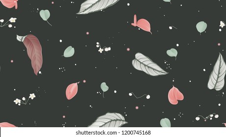 Floral seamless pattern, Calathea ornata, Anthurium, Thalictrum delavayi and eucalyptus on dark green background, pastel vintage theme