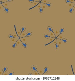 Floral seamless pattern in calm mustard autumn colors, made in vector. Cute branches with oval leaves with ceeds. Textile pattern.