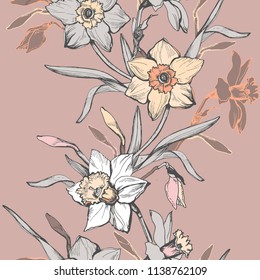 Floral seamless pattern in calm pastel colors with hand drawn flowers daffodils, narcissus. Botanical floral elements on light brown background. Vector Illustration